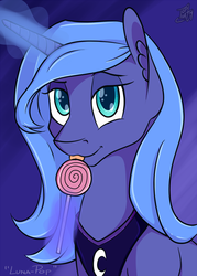 Size: 734x1024 | Tagged: safe, artist:tlatophat, princess luna, g4, bedroom eyes, ear fluff, female, licking, lollipop, looking at you, magic, s1 luna, smiling, solo, telekinesis, tongue out