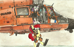 Size: 2335x1476 | Tagged: safe, artist:buckweiser, apple bloom, scootaloo, sweetie belle, g4, coast guard, cutie mark crusaders, helicopter, hh-65 dolphin, los angeles, pilot, snorkel, traditional art