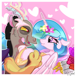 Size: 4100x4100 | Tagged: safe, artist:xwhitedreamsx, discord, princess celestia, g4, absurd resolution, blushing, female, flower, male, ship:dislestia, shipping, straight