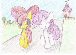 Size: 2338x1700 | Tagged: safe, artist:kvedja, apple bloom, sweetie belle, g4, school, traditional art