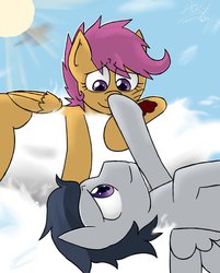 Size: 801x997 | Tagged: safe, artist:arkypony, rumble, scootaloo, g4, boop, cloud, cloudy, eye contact, female, male, older, on back, prone, ship:rumbloo, shipping, smiling, straight