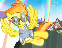 Size: 900x695 | Tagged: safe, artist:pixelkitties, spitfire, pegasus, pony, g4, my little pony: friendship is magic, rainbow falls, female, goggles, kelly metzger, pixelkitties' brilliant autograph media artwork, solo, warmup suit