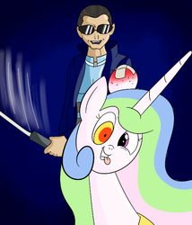 Size: 600x700 | Tagged: safe, artist:d3rpy, princess celestia, human, g4, celestia hate, crossover, deus ex, head lump, jc denton, lump, op is a duck, op is trying to start shit