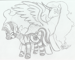 Size: 897x726 | Tagged: safe, artist:tatta-kasame, zecora, oc, alicorn, pony, zebra, g4, alicorn oc, monochrome, traditional art