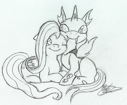 Size: 669x556 | Tagged: safe, artist:tatta-kasame, fluttershy, changeling, g4, cute, floppy ears, lineart, monochrome, nuzzling, prone, sitting, smiling, traditional art, wink