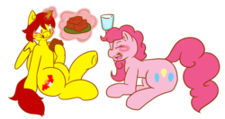 Size: 1024x545 | Tagged: safe, artist:kooky-kreations, pinkie pie, oc, alicorn, pony, g4, alicorn oc, blushing, brownie, comic, cute, eyes closed, glass, hoof hold, licking lips, magic, messy eating, milk, open mouth, prone, sitting, smiling, telekinesis, tongue out, underhoof