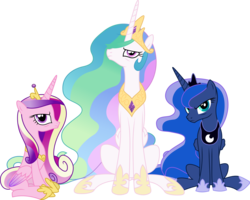 Size: 7492x6000 | Tagged: safe, artist:gamemasterluna, princess cadance, princess celestia, princess luna, alicorn, pony, g4, twilight's kingdom, absurd resolution, alicorn triarchy, angry, concave belly, female, frown, glare, grumpy, looking at you, mare, simple background, sitting, slender, thin, transparent background, trio, vector