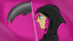 Size: 1280x720 | Tagged: safe, artist:zarzox, pinkie pie, human, g4, female, grim reaper, humanized, scythe, solo