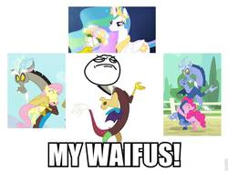 Size: 960x720 | Tagged: safe, discord, fluttershy, pinkie pie, princess celestia, g4, my little pony: friendship is magic, twilight's kingdom, discord gets all the mares, discord gets all the waifus, exploitable meme, female, lucky bastard, male, meme, ship:discopie, ship:discoshy, ship:dislestia, shipping, straight, waifu, waifu thief