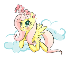 Size: 1400x1200 | Tagged: safe, artist:joycall6, fluttershy, pinkie pie, g4, blushing, cloud, cloudy, female, lesbian, ship:flutterpie, shipping, tiny