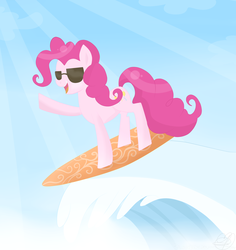 Size: 4662x4931 | Tagged: safe, artist:balloons504, pinkie pie, earth pony, pony, g4, absurd resolution, female, smiling, solo, summer, sunglasses, surfboard, surfing, wave, waving