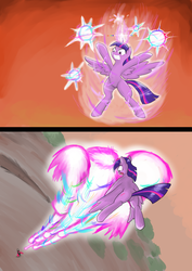 Size: 1500x2121 | Tagged: safe, artist:seidouryu, lord tirek, twilight sparkle, alicorn, pony, g4, twilight's kingdom, alicorn magic, belly button, butt, female, fight, magic, mare, plot, super saiyan princess, twilight sparkle (alicorn), twilight vs tirek