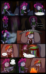 Size: 1024x1638 | Tagged: safe, artist:fj-c, pinkie pie, rainbow dash, fish, ghost, human, g4, belly button, comic, dead, dialogue, eating, fantasy equestria, fire, humanized, midriff, pony coloring, wide eyes