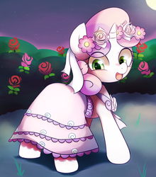 Size: 1237x1408 | Tagged: safe, artist:maren, sweetie belle, pony, unicorn, g4, clothes, cute, diasweetes, dress, female, filly, floral head wreath, flower, happy, looking back, open mouth, open smile, rose, smiling, solo