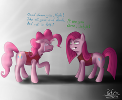 Size: 2560x2100 | Tagged: safe, artist:partes, pinkie pie, g4, confrontation, dr jekyll and mr hyde, dr pinkie and miss pie, duality, duo, high res, pinkamena diane pie