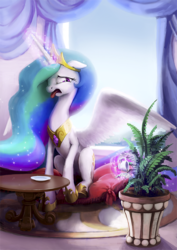 Size: 724x1024 | Tagged: safe, artist:cannibalus, princess celestia, alicorn, pony, g4, cup, disgusted, fanfic art, female, food, mare, morning, pillow, plant, pouring, princess celestia hates tea, sitting, solo, spread wings, table, tea, teacup, tongue out, wings
