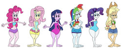 Size: 3649x1469 | Tagged: safe, artist:hunterxcolleen, applejack, fluttershy, pinkie pie, rainbow dash, rarity, twilight sparkle, equestria girls, g4, belly button, bikini, clothes, humanized, mane six, one-piece swimsuit, shorts, swimsuit