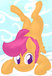 Size: 1360x2000 | Tagged: safe, artist:lamia, scootaloo, g4, cloud, cloudy, cute, cutealoo, female, legs in air, looking at you, sky, smiling, solo