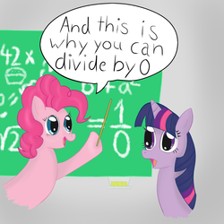 Size: 1200x1200 | Tagged: safe, artist:partes, pinkie pie, twilight sparkle, g4, 42, divide by zero, duo, fancy mathematics, math, pinkie being pinkie, thousand yard stare