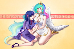 Size: 975x650 | Tagged: dead source, safe, artist:apzzang, princess celestia, twilight sparkle, human, g4, breasts, busty princess celestia, cheongsam, cleavage, clothes, duo, female, high heels, holding hands, humanized, lesbian, nudity, ship:twilestia, shipping, sideass, twilight sparkle (alicorn), winged humanization, wings