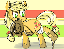 Size: 792x612 | Tagged: safe, artist:bloknbeanbagg, applejack, g4, bandage, dirty, female, mouth hold, solo