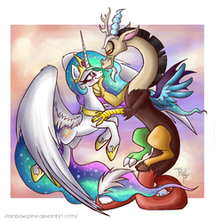 Size: 1024x1057 | Tagged: safe, artist:rainbowspine, discord, princess celestia, g4, bedroom eyes, blushing, eye contact, female, flying, lidded eyes, male, sexy, ship:dislestia, shipping, smiling, spread wings, straight, stupid sexy celestia, stupid sexy discord