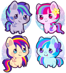 Size: 498x550 | Tagged: safe, artist:miss-glitter, oc, oc only, earth pony, pegasus, pony, bandaid, bow, braid, chibi, earring, flower, freckles, tongue out