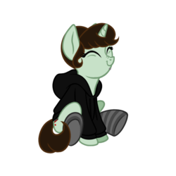 Size: 500x500 | Tagged: safe, artist:tenaflyviper, oc, oc only, oc:viperpone, clothes, hoodie, scrunchy face, sitting, socks, solo, striped socks