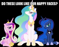 Size: 2499x2002 | Tagged: safe, princess cadance, princess celestia, princess luna, g4, angry, frown, high res, image macro, looking at you, meme, reaction image, sitting, unamused