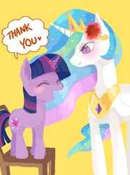 Size: 472x634 | Tagged: safe, artist:ujey02, princess celestia, twilight sparkle, g4, blushing, chair, eyes closed, flower, magic, open mouth, smiling, speech bubble