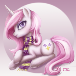 Size: 704x706 | Tagged: safe, artist:mcponyponypony, fleur-de-lis, pony, g4, bedroom eyes, clothes, female, fluffy, lipstick, looking at you, makeup, prone, scarf, smiling, solo