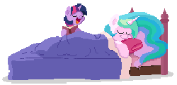 Size: 848x412 | Tagged: safe, artist:mrponiator, princess celestia, twilight sparkle, g4, bed, book, eyes closed, gif, non-animated gif, open mouth, pixel art, reading, simple background, sleeping, transparent background