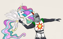Size: 1024x646 | Tagged: safe, artist:buttfondler, princess celestia, alicorn, pony, g4, angry, crossover, cute, cutelestia, dark souls, duo, epic wife tossing, fastball special, female, frown, glare, holding a pony, mare, pointing, pose, praise the sun, serious, simple background, size difference, solaire of astora, spread wings, white background
