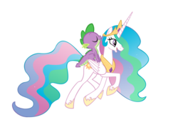 Size: 1024x745 | Tagged: safe, artist:queencold, princess celestia, spike, alicorn, dragon, pony, g4, dragons riding ponies, duo, ethereal mane, eyes closed, female, happy, male, mare, open mouth, riding, riding a pony, simple background, smiling, spike riding celestia, spikelove, transparent background, trotting, vector