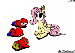 Size: 766x541 | Tagged: safe, artist:yoshiman1118, fluttershy, shy guy, g4, bowing, crossover, crown, fluttershy guy, mask, nintendo, simple background, super mario bros., white background