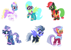 Size: 1450x1032 | Tagged: safe, artist:berrypunchrules, fili-second, mistress marevelous, radiance, saddle rager, zapp, g4, base used, masked matter-horn costume, power ponies, recolor