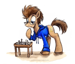Size: 500x426 | Tagged: safe, artist:kenket, artist:spainfischer, doctor whooves, time turner, earth pony, pony, g4, canterlot high, canterlot high blog, chess, clothes, male, solo, stallion