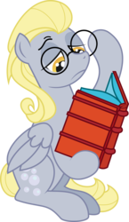 Size: 1737x3000 | Tagged: safe, artist:katequantum, idw, derpy hooves, pegasus, pony, g4, alternate hairstyle, book, bright eyes (mirror universe), dark mirror universe, female, glasses, mare, mirror universe, solo