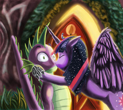 Size: 2797x2508 | Tagged: safe, artist:thejoker239, spike, twilight sparkle, alicorn, pony, g4, female, golden oaks library, high res, kiss on the lips, kissing, male, mare, older, ship:twispike, shipping, something else also rises, straight, surprise kiss, surprised, tailboner, twilight sparkle (alicorn)