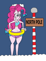 Size: 993x1337 | Tagged: safe, artist:hunterxcolleen, pinkie pie, equestria girls, g4, belly button, bikini, clothes, cold, female, freezing, freezing fetish, humanized, ice, icicle, inner tube, north pole, shivering, snow, solo, swimming pool, swimsuit