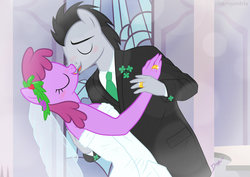 Size: 1024x724 | Tagged: safe, artist:devanstar, berry punch, berryshine, lucky clover, earth pony, anthro, g4, berryclover, blushing, clothes, dress, duo, female, male, marriage, ring, shipping, straight, wedding, wedding dress, wedding ring