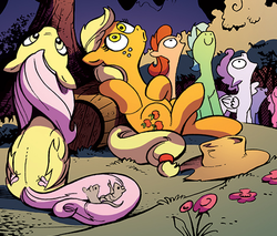 Size: 469x399 | Tagged: safe, idw, official comic, applejack, fluttershy, tangerine tuft, earth pony, mouse, pegasus, pony, g4, spoiler:comic, spoiler:comic10, female, mare, not carrot top, not golden harvest, unnamed character, unnamed pony