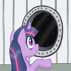 Size: 1000x1000 | Tagged: safe, artist:howlsinthedistance, twilight sparkle, pony, unicorn, g4, female, solo, space, unicorn twilight, window