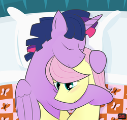 Size: 4000x3770 | Tagged: safe, artist:blackwater627, fluttershy, twilight sparkle, alicorn, pony, g4, bed, butterscotch, cuddling, dusk shine, gay, male, prince dusk, rule 63, ship:buttershine, ship:twishy, shipping, snuggling, twilight sparkle (alicorn)