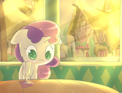 Size: 1280x975 | Tagged: safe, artist:spikedmauler, sweetie belle, pony, unicorn, g4, cute, dawn, diasweetes, female, solo, table