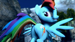 Size: 1280x720 | Tagged: safe, artist:optica, rainbow dash, pegasus, pony, g4, 3d, butt, female, gmod, looking at you, looking back, mare, plot, rainbutt dash, sexy, smiling, smiling at you, solo, spread wings, wings