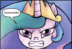 Size: 507x345 | Tagged: safe, princess celestia, g4, exploitable meme, female, gaaaaaame, glarelestia, meme, protonjon, reference, solo, therunawayguys