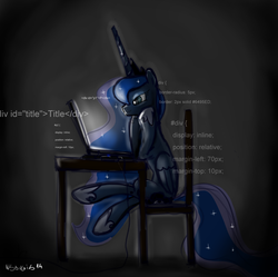 Size: 1612x1607 | Tagged: safe, artist:nadvgia, princess luna, alicorn, pony, g4, chair, codes, coding, computer, css, dark room, female, horn, html, laptop computer, mane, sitting, sleepy, solo, table, tail, wings