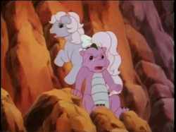 Size: 251x188 | Tagged: safe, screencap, baby lickety-split, spike (g1), dragon, earth pony, pony, g1, my little pony: the movie (g1), animated, bow, butt, butt pushing, butt touch, female, hand on butt, mare, plot, pushing, rump push, tail bow