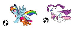 Size: 1335x599 | Tagged: safe, artist:violetandblaire, rainbow dash, rarity, scootaloo, sweetie belle, pegasus, pony, unicorn, g4, baseball cap, blank flank, coach, coach rainbow dash, coaching cap, female, filly, foal, football, grin, hat, mare, open mouth, ponytail, simple background, sisters, smiling, sports, spread wings, whistle, white background, wings
